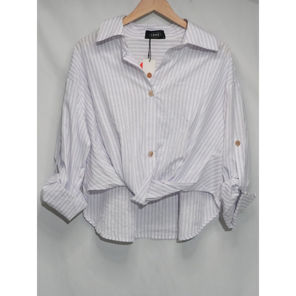 Cider Button Up Shirt Womens Large Lavender White Striped Twist Front Roll Tab